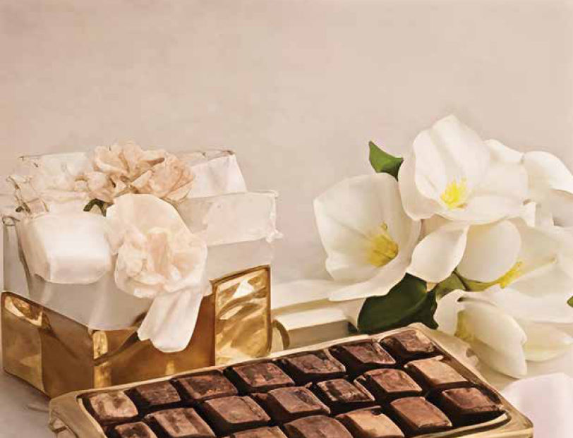 Chocolate box with white flowers