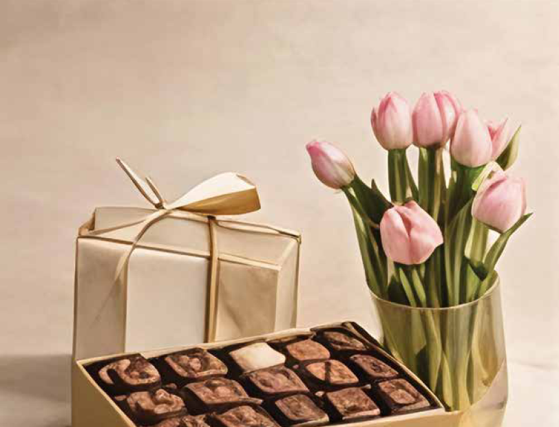 Pink tulips and luxury gift box